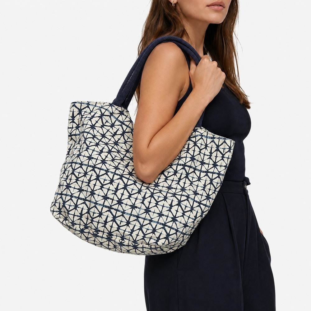 Rockflowerpaper Jute Tote Bag Women's Shibori Geometric Slouchy Hobo Shoulder